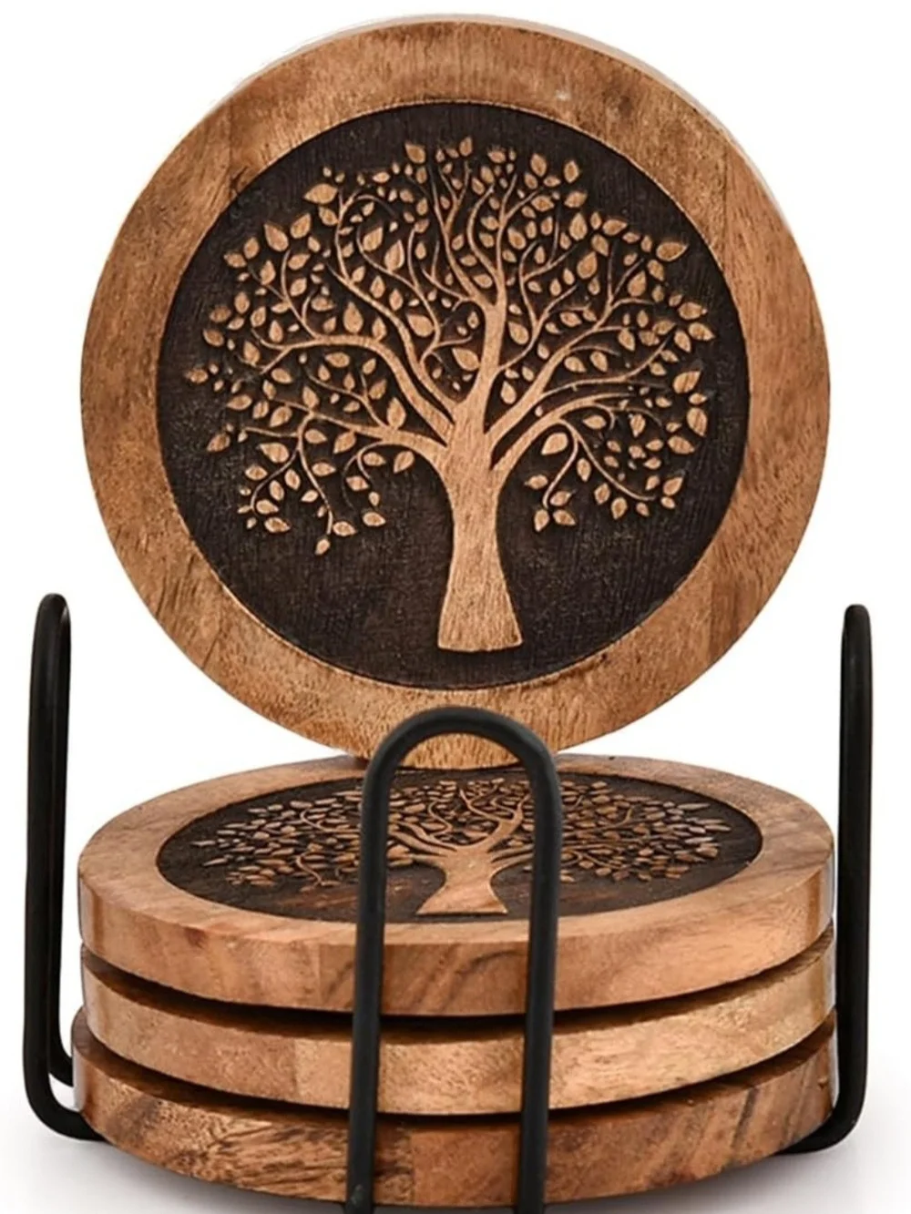 Wooden Tree Carved Coaster Set with Black Holder - Natural Brown